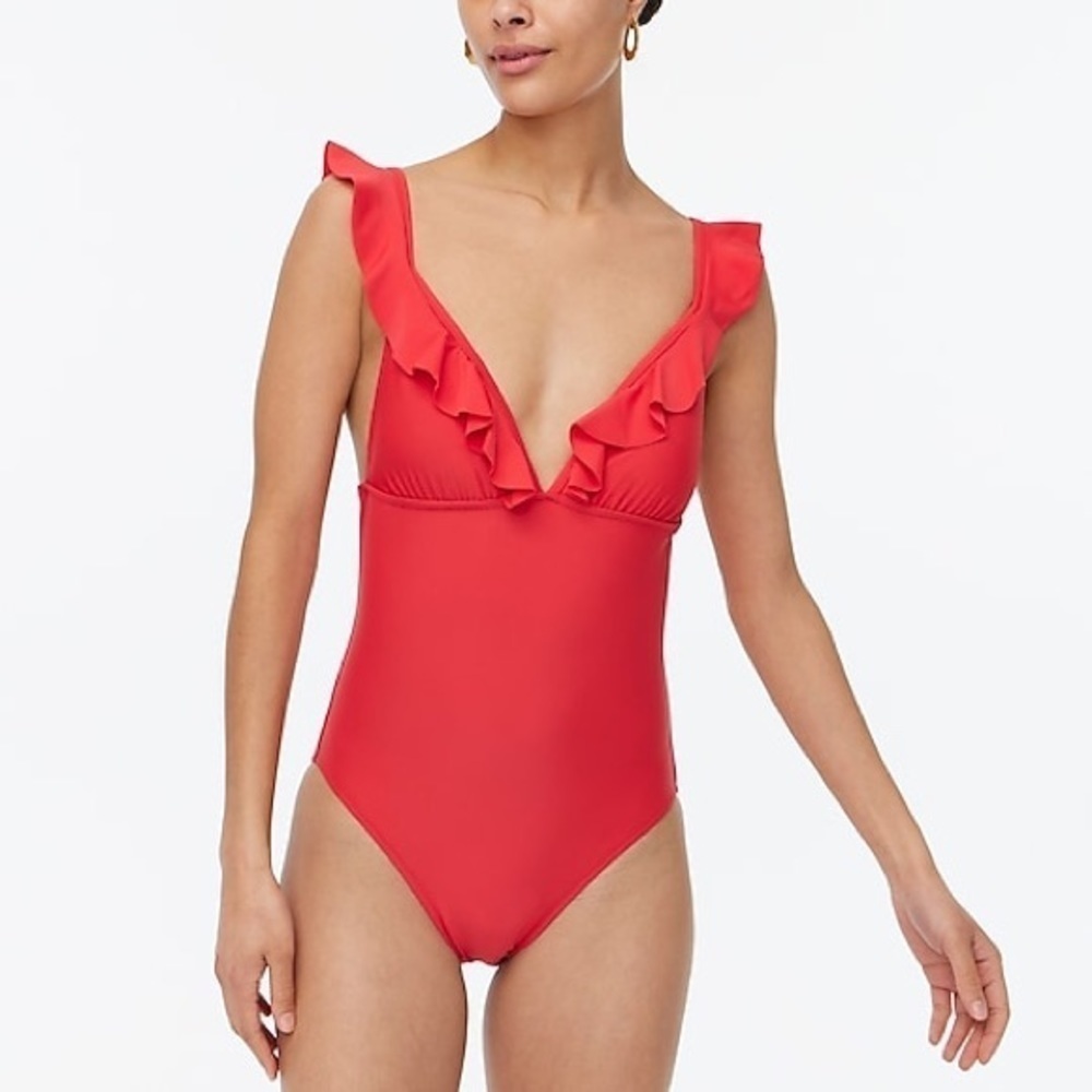 - J crew Ruffle-shoulder V-neck one-piece swimsuit.